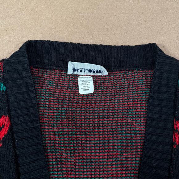 Vintage Christmas Candy Cane Holly Knit Cardigan Sweater Black Red Green XL - Picture 6 of 8